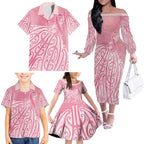 Breast Cancer Awareness Maori Family Matching Off The Shoulder Long Sleeve Dress and Hawaiian Shirt Kia Kaha Kia Maia Kia Manawanui - Aussie Hoodie