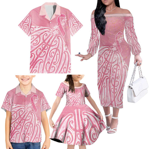 Breast Cancer Awareness Maori Family Matching Off The Shoulder Long Sleeve Dress and Hawaiian Shirt Kia Kaha Kia Maia Kia Manawanui - Aussie Hoodie