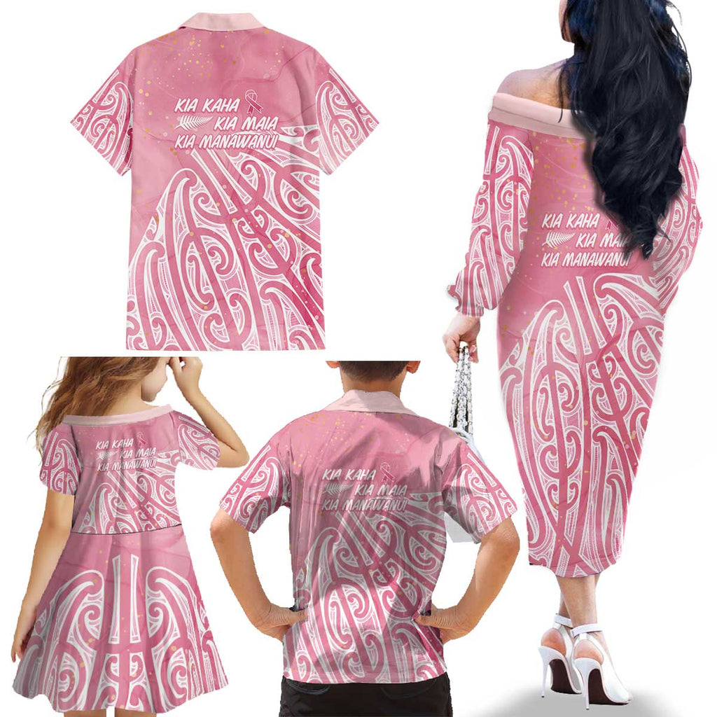 Breast Cancer Awareness Maori Family Matching Off The Shoulder Long Sleeve Dress and Hawaiian Shirt Kia Kaha Kia Maia Kia Manawanui - Aussie Hoodie