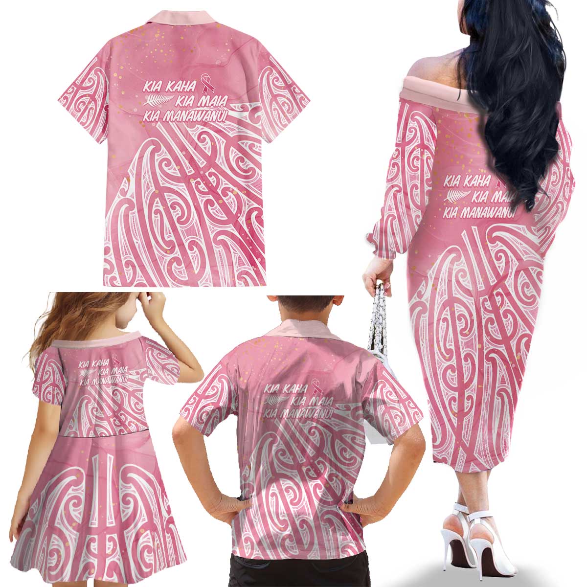 Breast Cancer Awareness Maori Family Matching Off The Shoulder Long Sleeve Dress and Hawaiian Shirt Kia Kaha Kia Maia Kia Manawanui - Aussie Hoodie