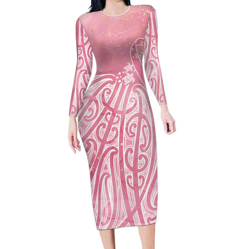 Breast Cancer Awareness Maori Long Sleeve Bodycon Dress Kia Kaha Kia Maia Kia Manawanui - Aussie Hoodie