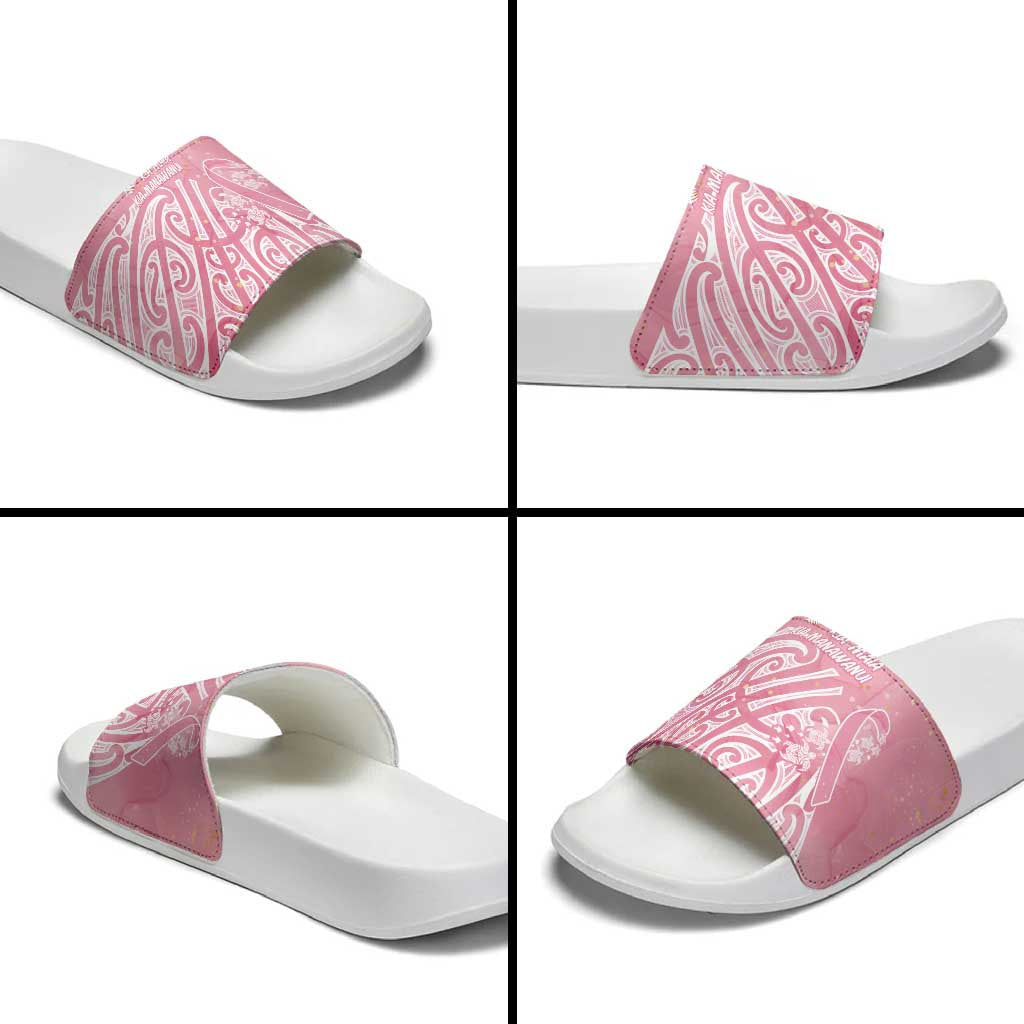 Breast Cancer Awareness Maori Slide Sandals Kia Kaha Kia Maia Kia Manawanui - Aussie Hoodie