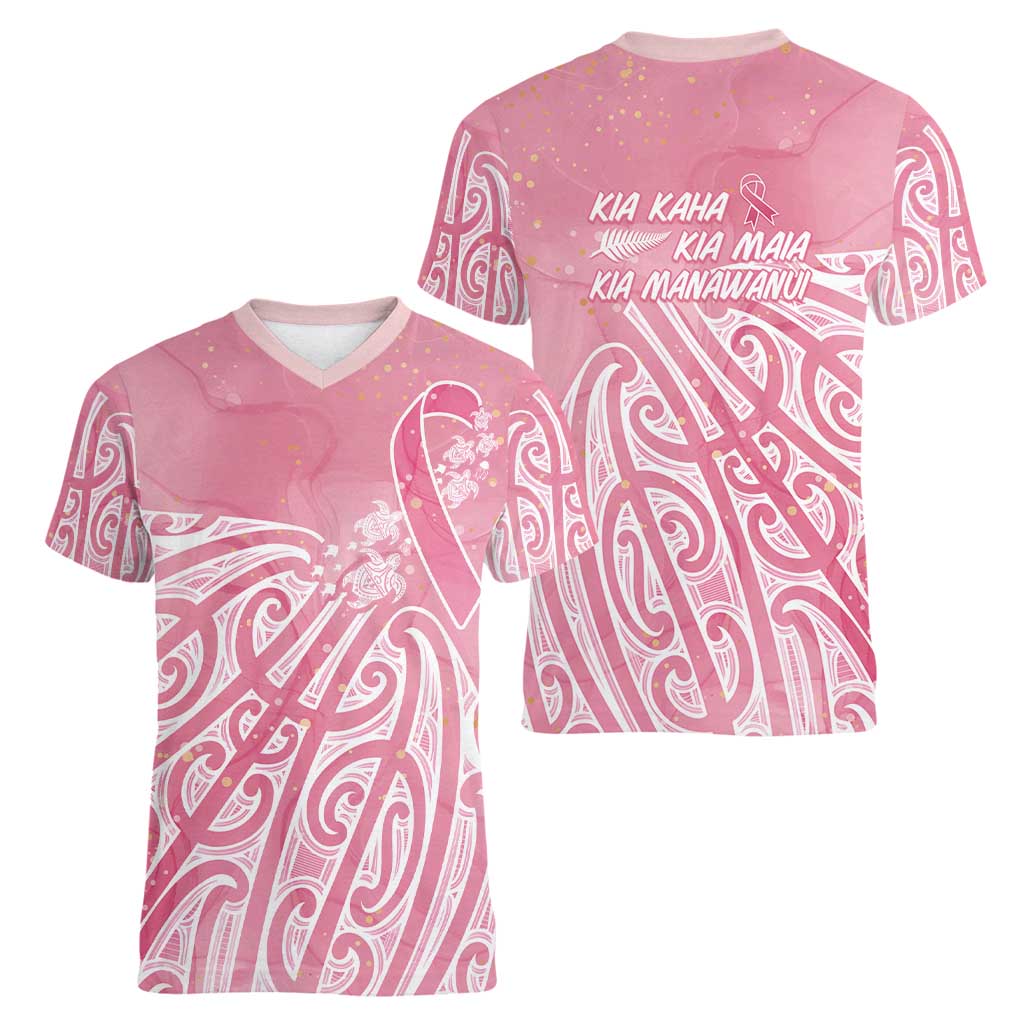 Breast Cancer Awareness Maori Women V-Neck T-Shirt Kia Kaha Kia Maia Kia Manawanui - Aussie Hoodie