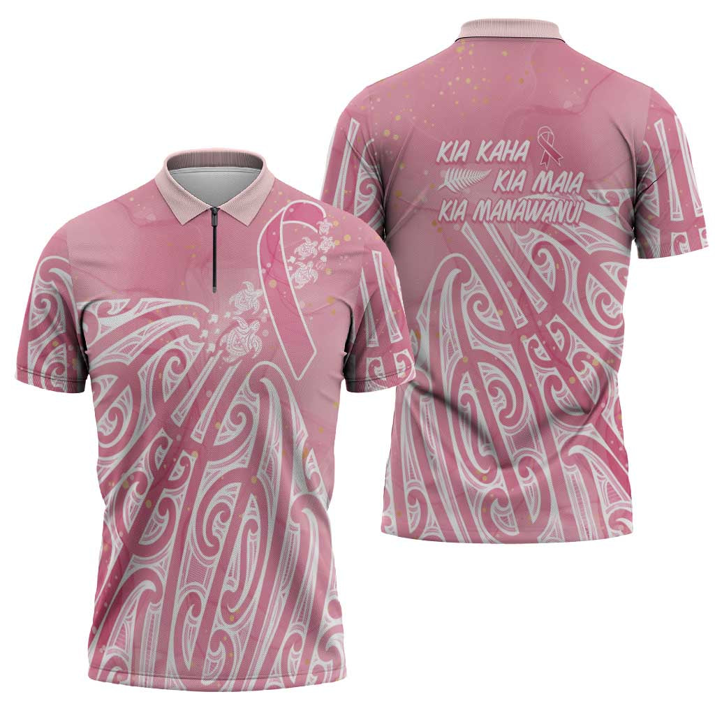 Breast Cancer Awareness Maori Zipper Polo Shirt Kia Kaha Kia Maia Kia Manawanui - Aussie Hoodie