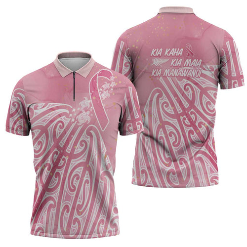 Breast Cancer Awareness Maori Zipper Polo Shirt Kia Kaha Kia Maia Kia Manawanui - Aussie Hoodie