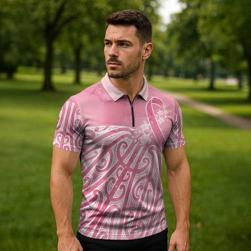 Breast Cancer Awareness Maori Zipper Polo Shirt Kia Kaha Kia Maia Kia Manawanui - Aussie Hoodie