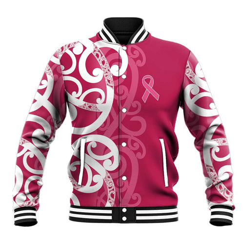 Breast Cancer Awareness Maori Baseball Jacket Koru Kowhaiwhai - Aussie Hoodie