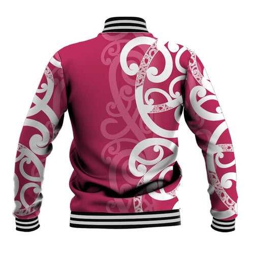 Breast Cancer Awareness Maori Baseball Jacket Koru Kowhaiwhai - Aussie Hoodie