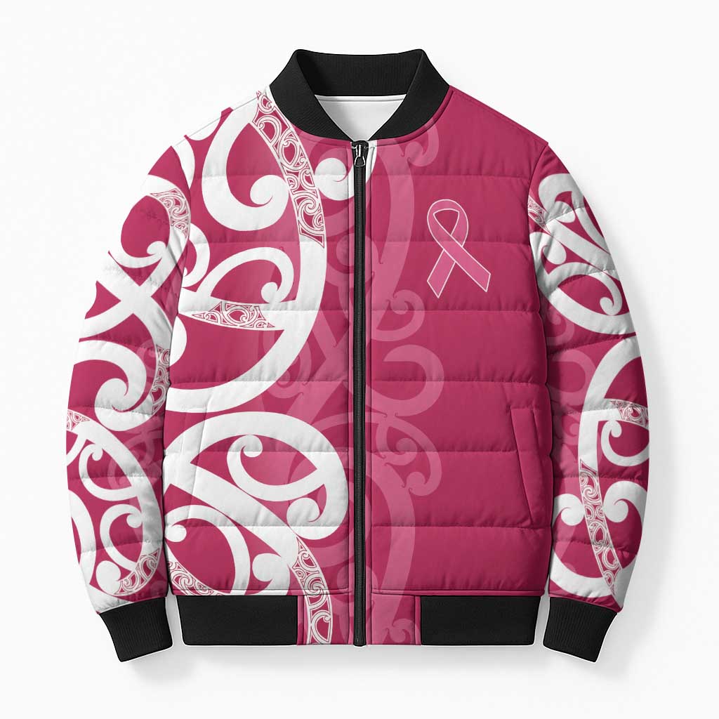 Breast Cancer Awareness Maori Bomber Puffer Jacket Koru Kowhaiwhai - Aussie Hoodie