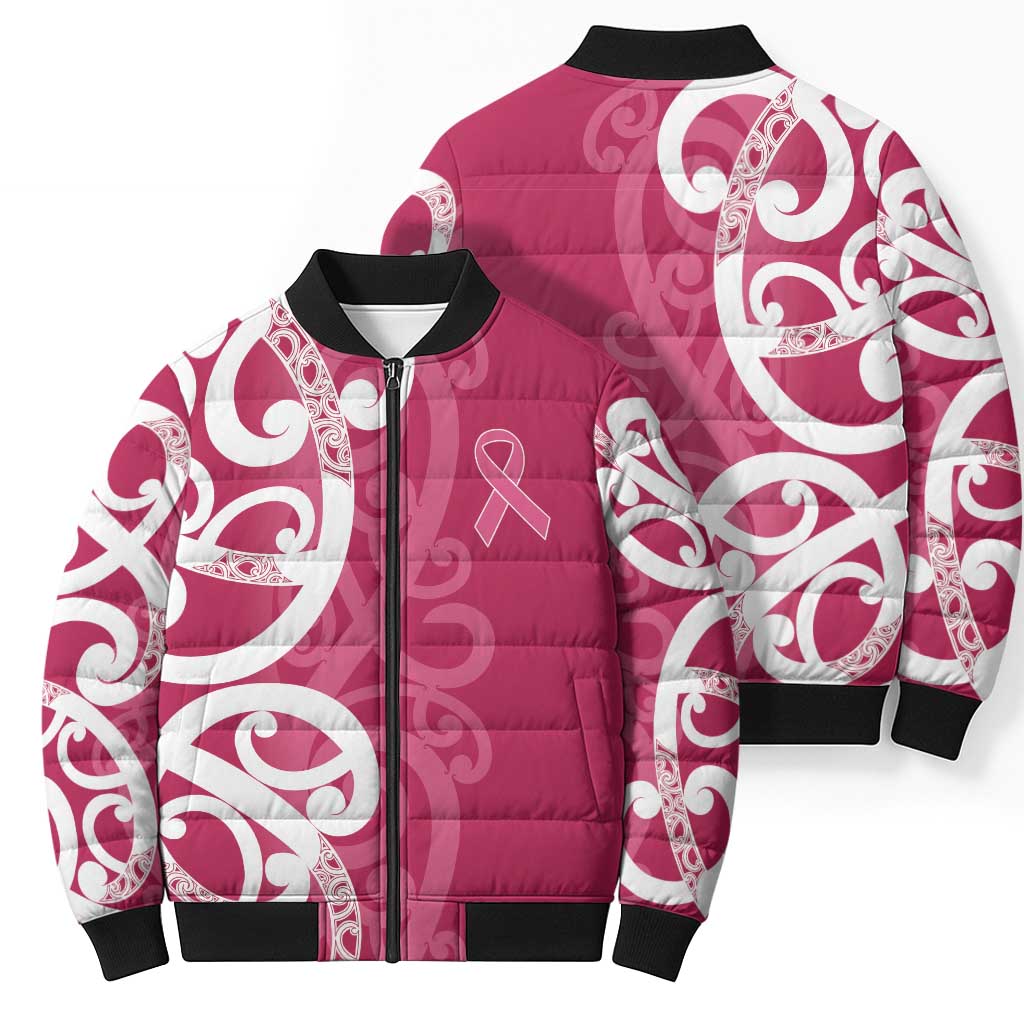 Breast Cancer Awareness Maori Bomber Puffer Jacket Koru Kowhaiwhai - Aussie Hoodie