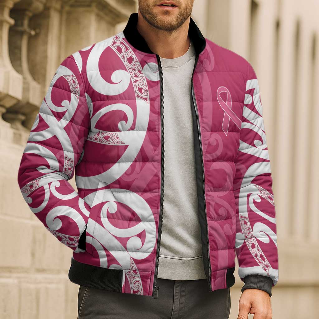 Breast Cancer Awareness Maori Bomber Puffer Jacket Koru Kowhaiwhai - Aussie Hoodie
