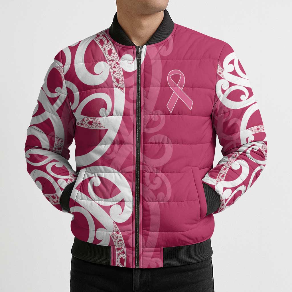 Breast Cancer Awareness Maori Bomber Puffer Jacket Koru Kowhaiwhai - Aussie Hoodie