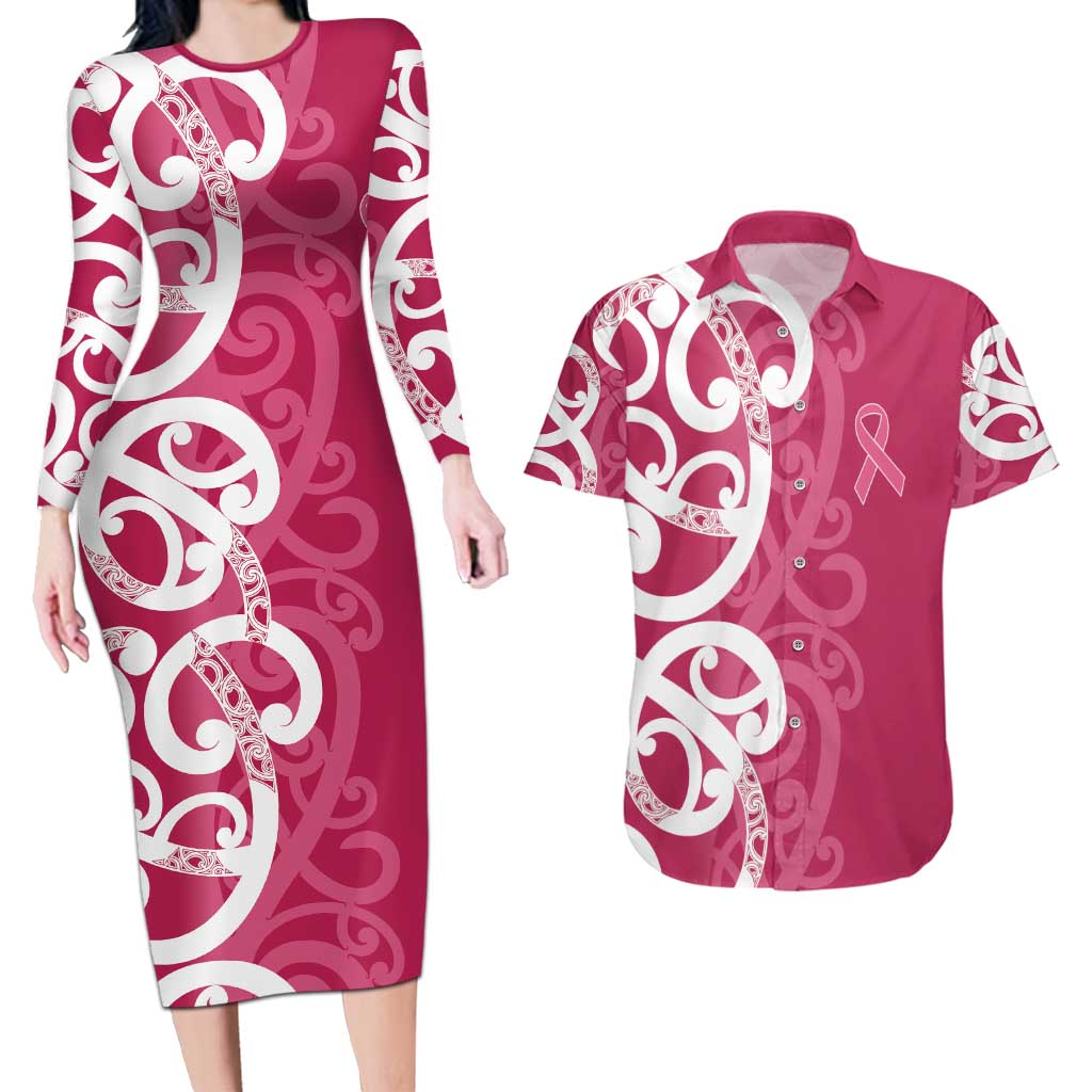 Breast Cancer Awareness Maori Couples Matching Long Sleeve Bodycon Dress and Hawaiian Shirt Koru Kowhaiwhai - Aussie Hoodie