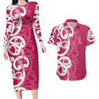 Breast Cancer Awareness Maori Couples Matching Long Sleeve Bodycon Dress and Hawaiian Shirt Koru Kowhaiwhai - Aussie Hoodie