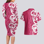 Breast Cancer Awareness Maori Couples Matching Long Sleeve Bodycon Dress and Hawaiian Shirt Koru Kowhaiwhai - Aussie Hoodie