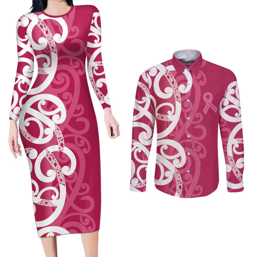 Breast Cancer Awareness Maori Couples Matching Long Sleeve Bodycon Dress and Long Sleeve Button Shirt Koru Kowhaiwhai - Aussie Hoodie