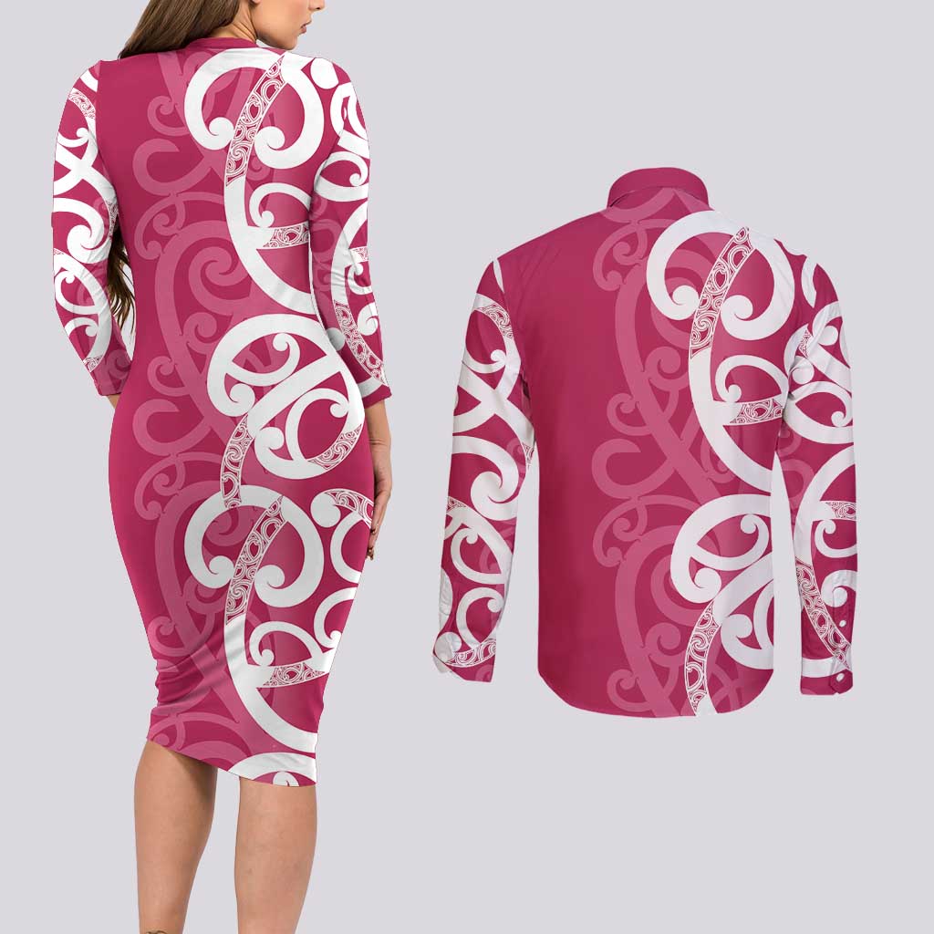 Breast Cancer Awareness Maori Couples Matching Long Sleeve Bodycon Dress and Long Sleeve Button Shirt Koru Kowhaiwhai - Aussie Hoodie