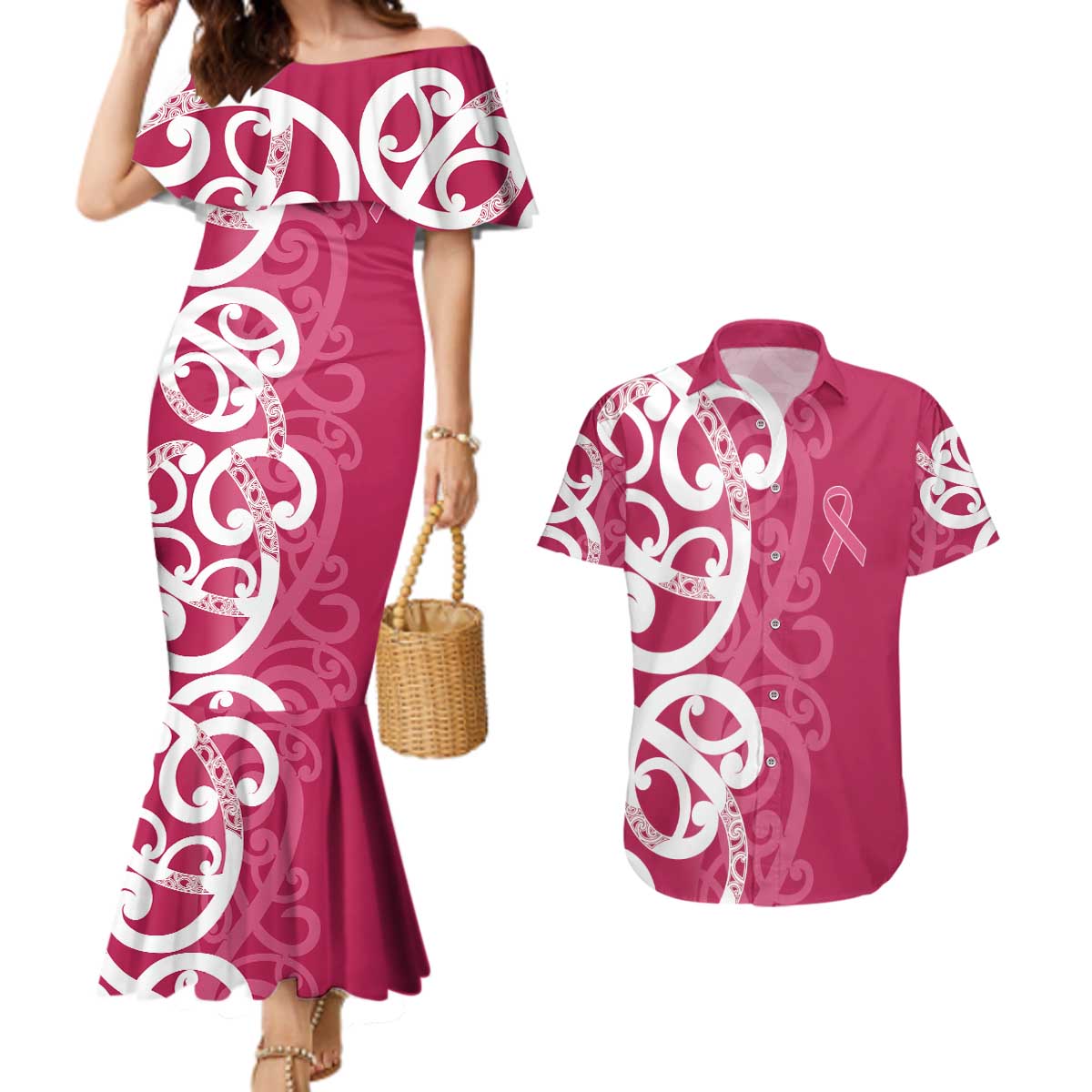 Breast Cancer Awareness Maori Couples Matching Mermaid Dress and Hawaiian Shirt Koru Kowhaiwhai - Aussie Hoodie