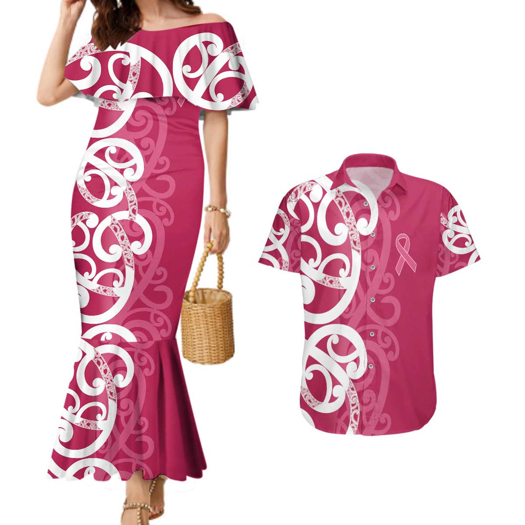 Breast Cancer Awareness Maori Couples Matching Mermaid Dress and Hawaiian Shirt Koru Kowhaiwhai - Aussie Hoodie