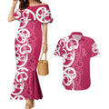 Breast Cancer Awareness Maori Couples Matching Mermaid Dress and Hawaiian Shirt Koru Kowhaiwhai - Aussie Hoodie