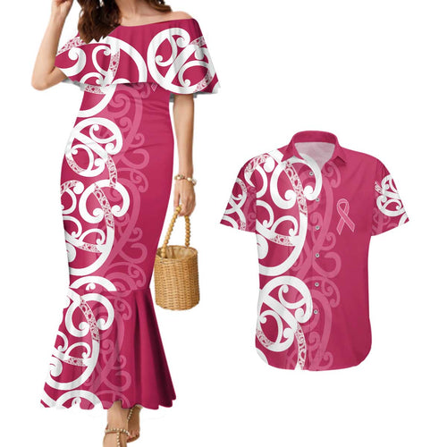Breast Cancer Awareness Maori Couples Matching Mermaid Dress and Hawaiian Shirt Koru Kowhaiwhai - Aussie Hoodie