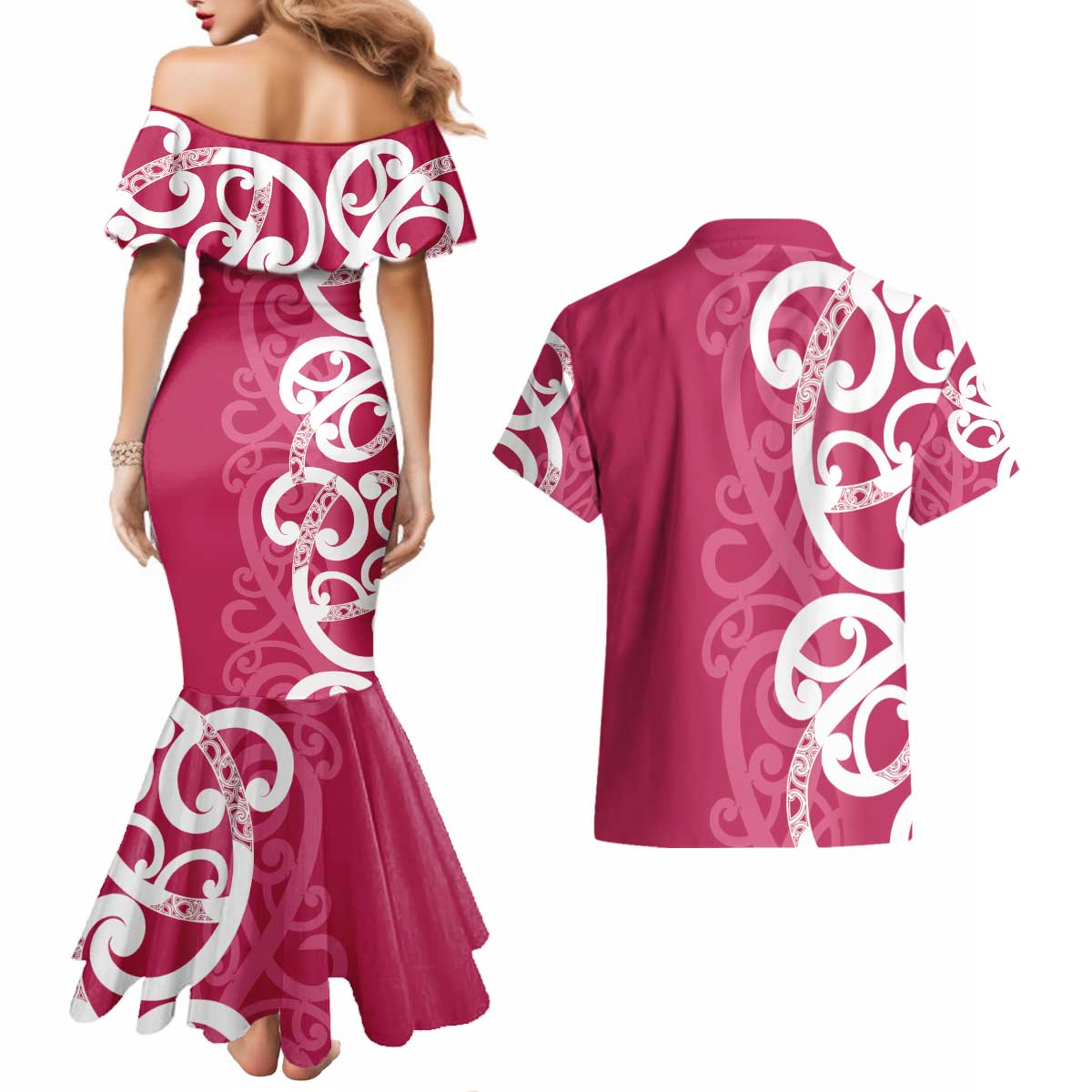 Breast Cancer Awareness Maori Couples Matching Mermaid Dress and Hawaiian Shirt Koru Kowhaiwhai - Aussie Hoodie