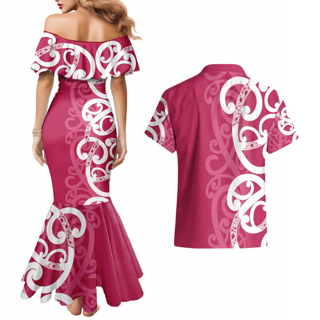 Breast Cancer Awareness Maori Couples Matching Mermaid Dress and Hawaiian Shirt Koru Kowhaiwhai - Aussie Hoodie