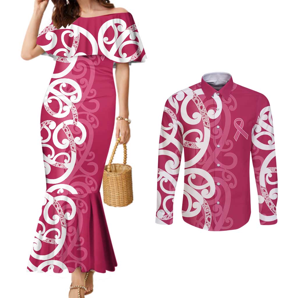 Breast Cancer Awareness Maori Couples Matching Mermaid Dress and Long Sleeve Button Shirt Koru Kowhaiwhai - Aussie Hoodie
