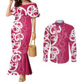 Breast Cancer Awareness Maori Couples Matching Mermaid Dress and Long Sleeve Button Shirt Koru Kowhaiwhai - Aussie Hoodie