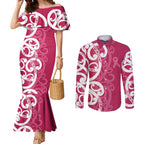 Breast Cancer Awareness Maori Couples Matching Mermaid Dress and Long Sleeve Button Shirt Koru Kowhaiwhai - Aussie Hoodie