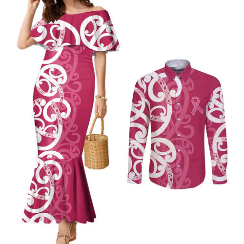 Breast Cancer Awareness Maori Couples Matching Mermaid Dress and Long Sleeve Button Shirt Koru Kowhaiwhai - Aussie Hoodie