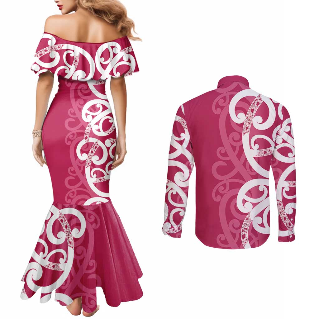 Breast Cancer Awareness Maori Couples Matching Mermaid Dress and Long Sleeve Button Shirt Koru Kowhaiwhai - Aussie Hoodie