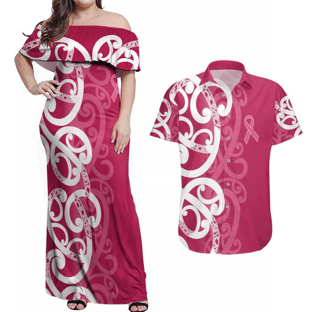 Breast Cancer Awareness Maori Couples Matching Off Shoulder Maxi Dress and Hawaiian Shirt Koru Kowhaiwhai - Aussie Hoodie