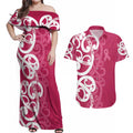 Breast Cancer Awareness Maori Couples Matching Off Shoulder Maxi Dress and Hawaiian Shirt Koru Kowhaiwhai - Aussie Hoodie