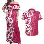 Breast Cancer Awareness Maori Couples Matching Off Shoulder Maxi Dress and Hawaiian Shirt Koru Kowhaiwhai - Aussie Hoodie