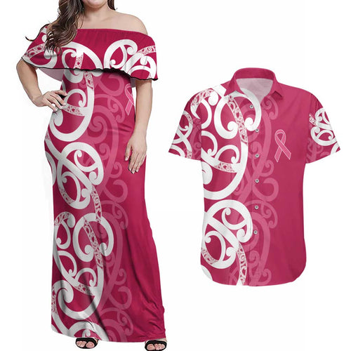 Breast Cancer Awareness Maori Couples Matching Off Shoulder Maxi Dress and Hawaiian Shirt Koru Kowhaiwhai - Aussie Hoodie