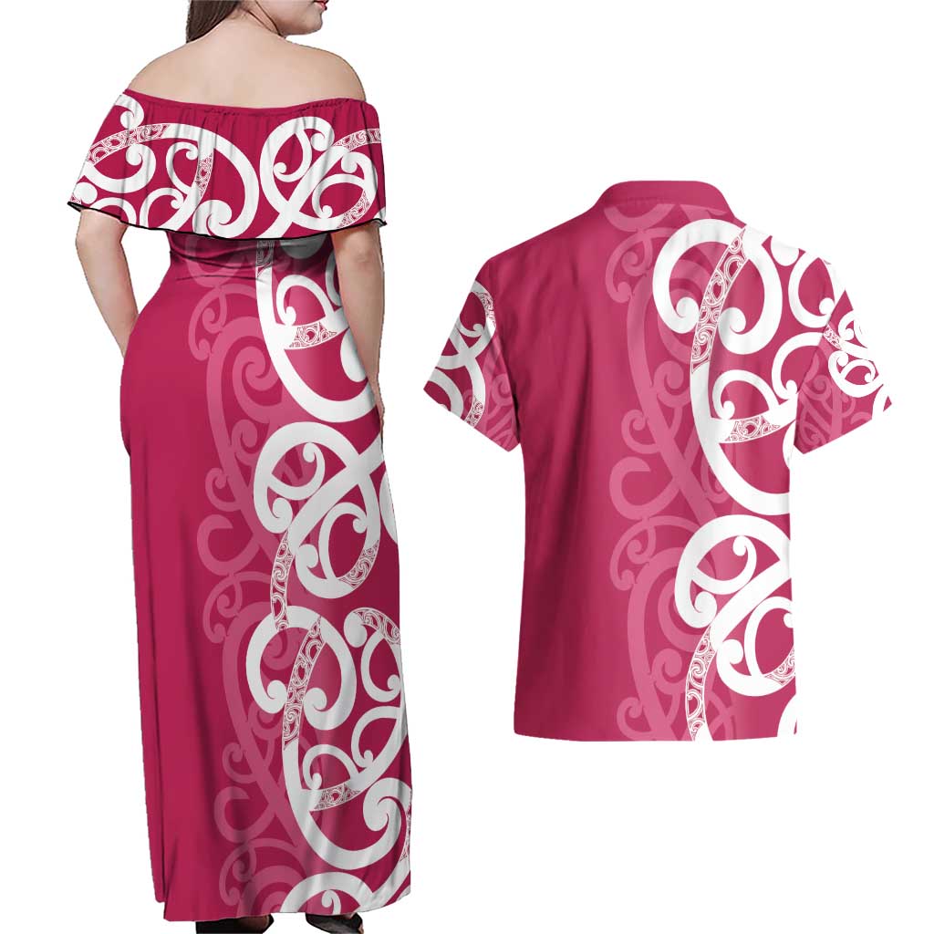 Breast Cancer Awareness Maori Couples Matching Off Shoulder Maxi Dress and Hawaiian Shirt Koru Kowhaiwhai - Aussie Hoodie