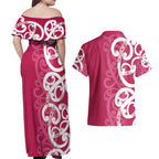 Breast Cancer Awareness Maori Couples Matching Off Shoulder Maxi Dress and Hawaiian Shirt Koru Kowhaiwhai - Aussie Hoodie