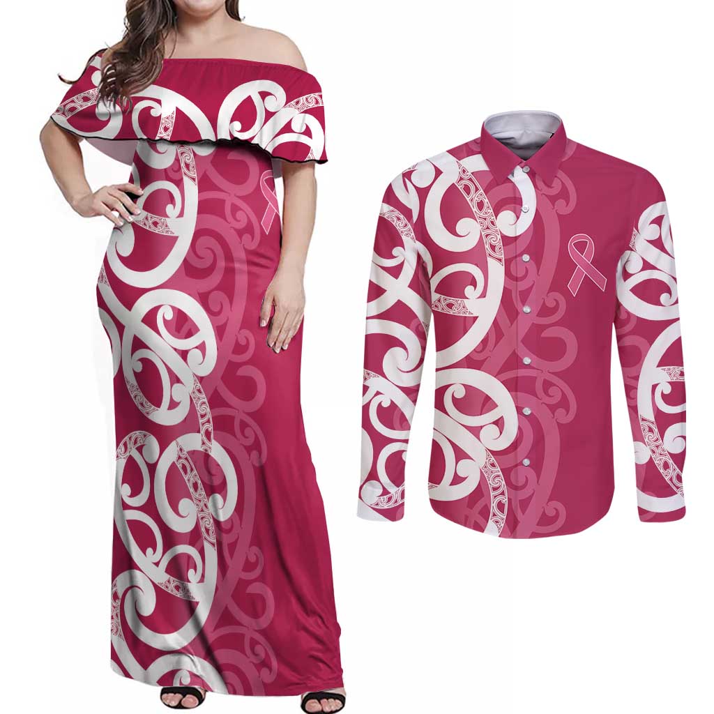 Breast Cancer Awareness Maori Couples Matching Off Shoulder Maxi Dress and Long Sleeve Button Shirt Koru Kowhaiwhai - Aussie Hoodie