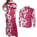 Breast Cancer Awareness Maori Couples Matching Off Shoulder Maxi Dress and Long Sleeve Button Shirt Koru Kowhaiwhai - Aussie Hoodie