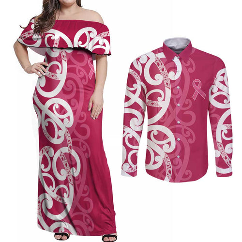 Breast Cancer Awareness Maori Couples Matching Off Shoulder Maxi Dress and Long Sleeve Button Shirt Koru Kowhaiwhai - Aussie Hoodie