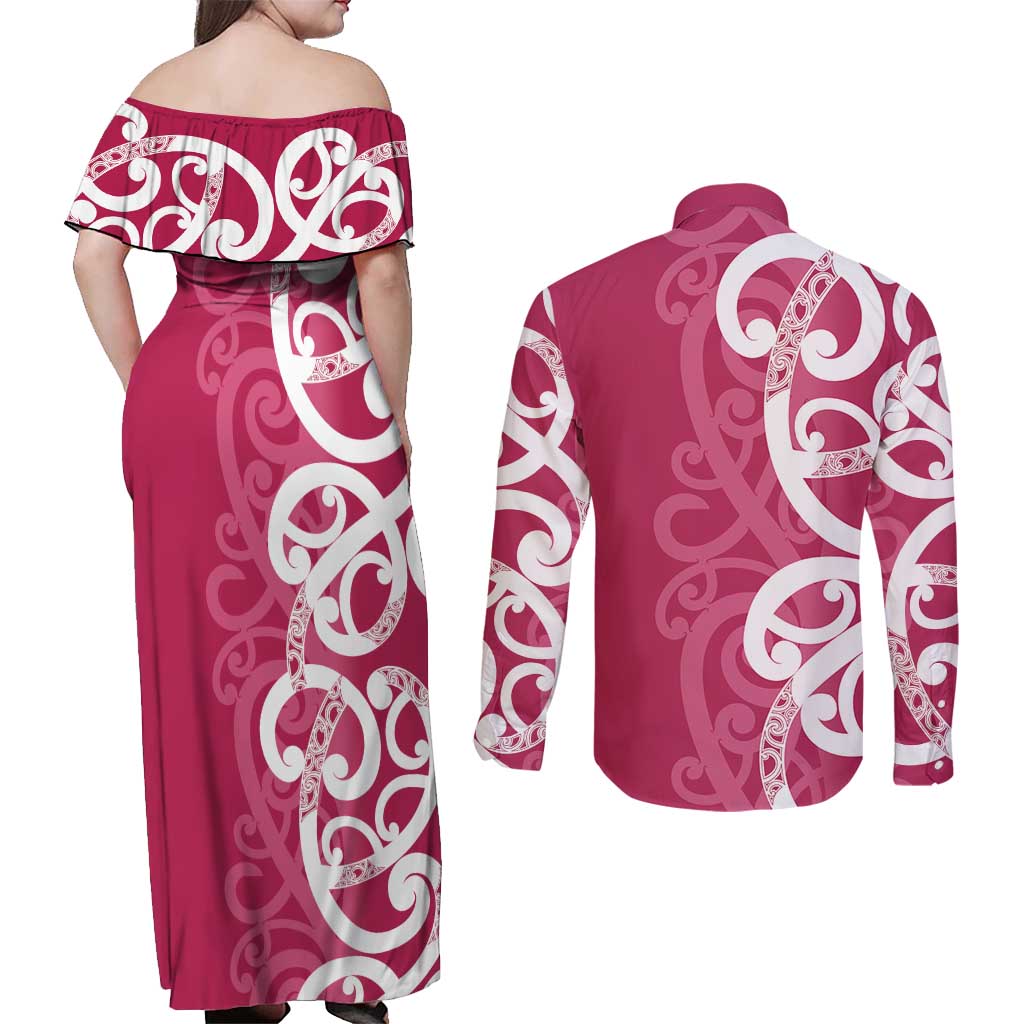 Breast Cancer Awareness Maori Couples Matching Off Shoulder Maxi Dress and Long Sleeve Button Shirt Koru Kowhaiwhai - Aussie Hoodie