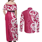 Breast Cancer Awareness Maori Couples Matching Off Shoulder Maxi Dress and Long Sleeve Button Shirt Koru Kowhaiwhai - Aussie Hoodie