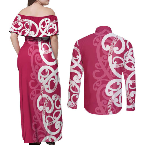 Breast Cancer Awareness Maori Couples Matching Off Shoulder Maxi Dress and Long Sleeve Button Shirt Koru Kowhaiwhai - Aussie Hoodie