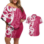 Breast Cancer Awareness Maori Couples Matching Off Shoulder Short Dress and Hawaiian Shirt Koru Kowhaiwhai - Aussie Hoodie