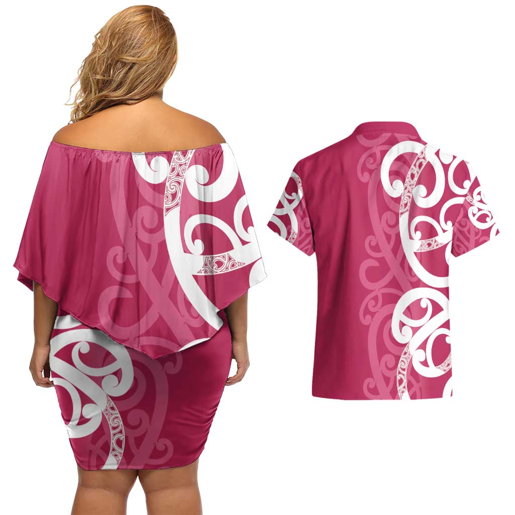 Breast Cancer Awareness Maori Couples Matching Off Shoulder Short Dress and Hawaiian Shirt Koru Kowhaiwhai - Aussie Hoodie