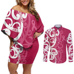 Breast Cancer Awareness Maori Couples Matching Off Shoulder Short Dress and Long Sleeve Button Shirt Koru Kowhaiwhai - Aussie Hoodie
