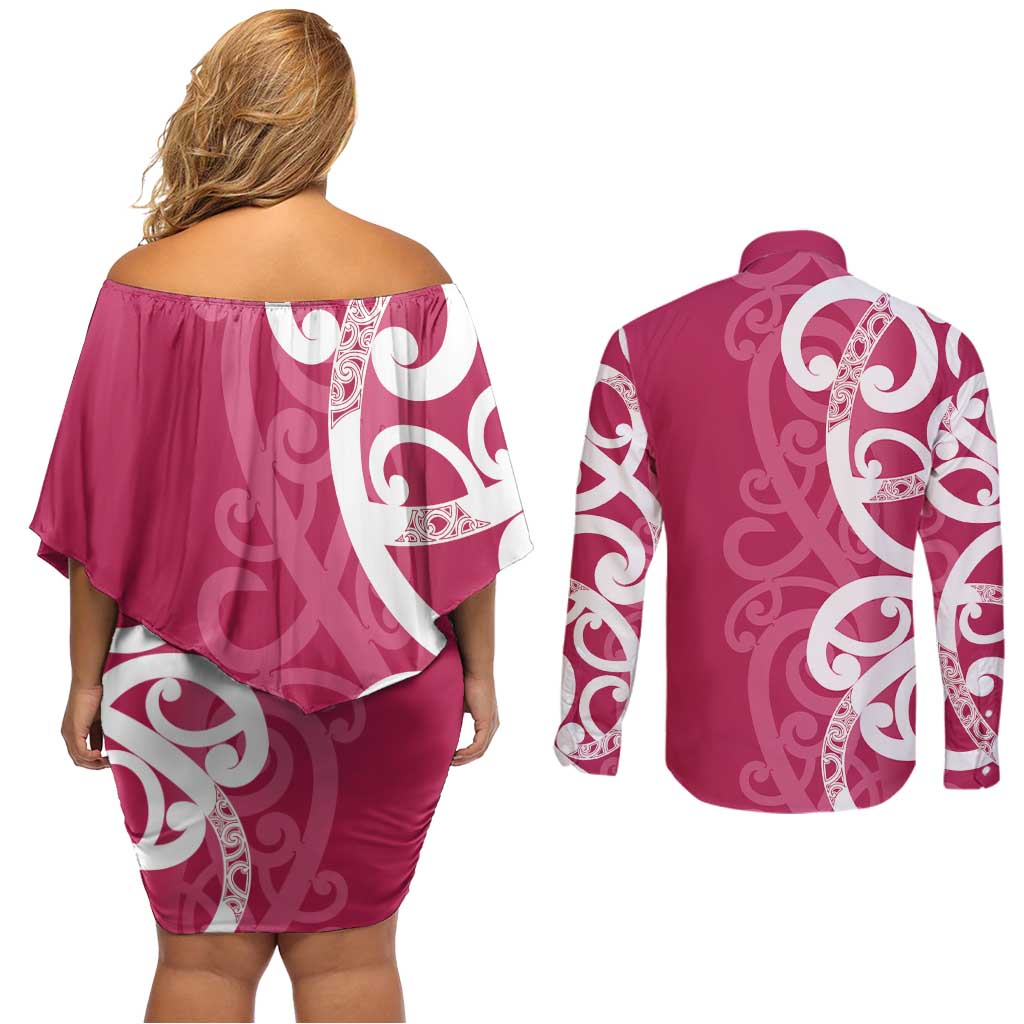 Breast Cancer Awareness Maori Couples Matching Off Shoulder Short Dress and Long Sleeve Button Shirt Koru Kowhaiwhai - Aussie Hoodie