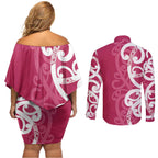 Breast Cancer Awareness Maori Couples Matching Off Shoulder Short Dress and Long Sleeve Button Shirt Koru Kowhaiwhai - Aussie Hoodie