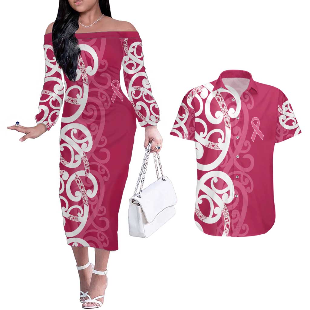 Breast Cancer Awareness Maori Couples Matching Off The Shoulder Long Sleeve Dress and Hawaiian Shirt Koru Kowhaiwhai - Aussie Hoodie